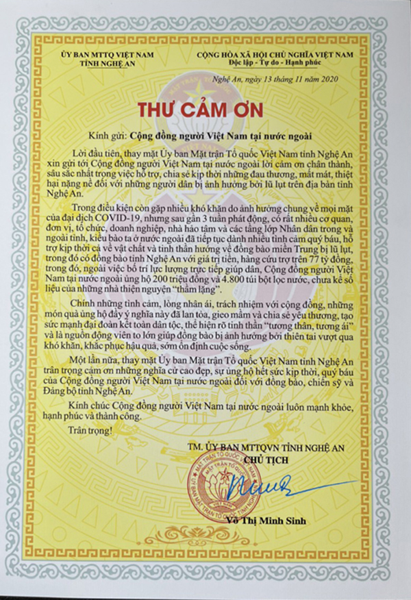 Ủy ban Mặt trận Tổ quốc Việt Nam tỉnh Nghệ An gửi lời cảm ơn đến cộng đồng NVNONN