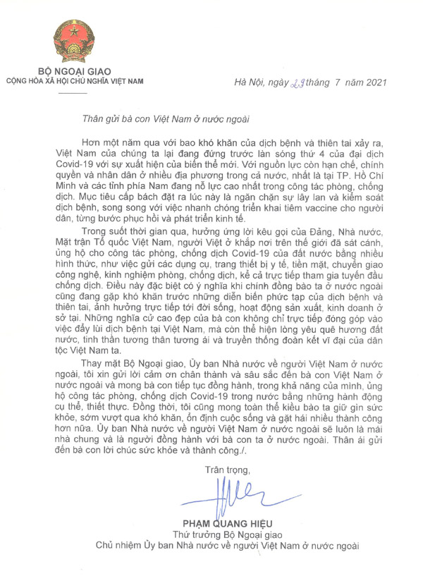 Thứ trưởng Ngoại giao Phạm Quang Hiệu gửi thư cảm ơn và kêu gọi kiều bào tiếp tục ủng hộ công tác phòng, chống dịch Covid-19